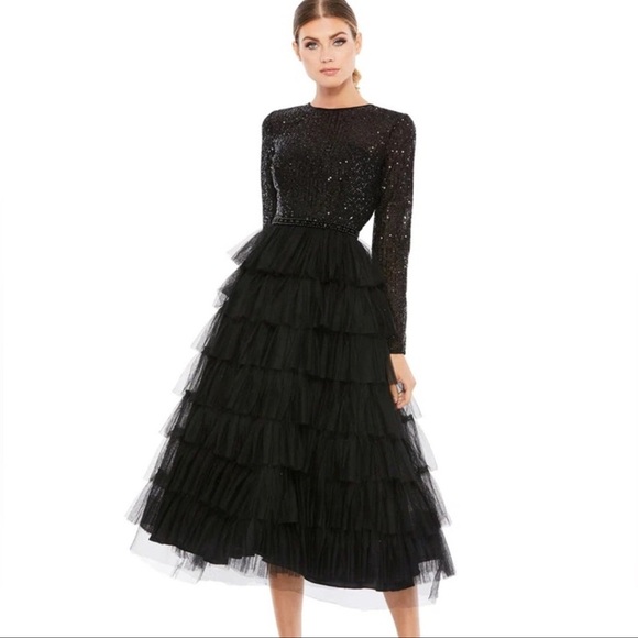 Mac Duggal Dresses & Skirts - Mac Duggal Black Sequin Tiered Long Sleeve Midi Dress NWT Size 12